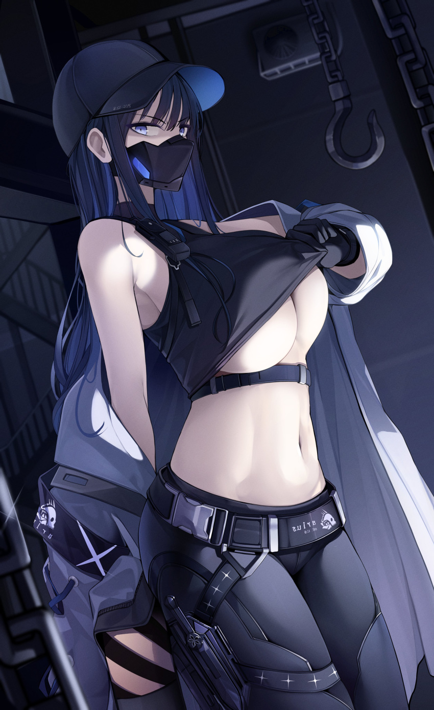 1girl absurdres armband bangs bare_shoulders baseball_cap belt black_belt black_gloves black_hair black_headwear black_pants black_shirt blue_archive blue_eyes breasts chain chest_harness clothes_lift coat crop_top ddangbi gloves harness hat highres holster hook knife_holster large_breasts long_hair looking_at_viewer mask midriff mouth_mask navel off_shoulder pants saori_(blue_archive) shirt shirt_lift sleeveless sleeveless_shirt snap-fit_buckle solo thigh_holster underboob underbust white_coat