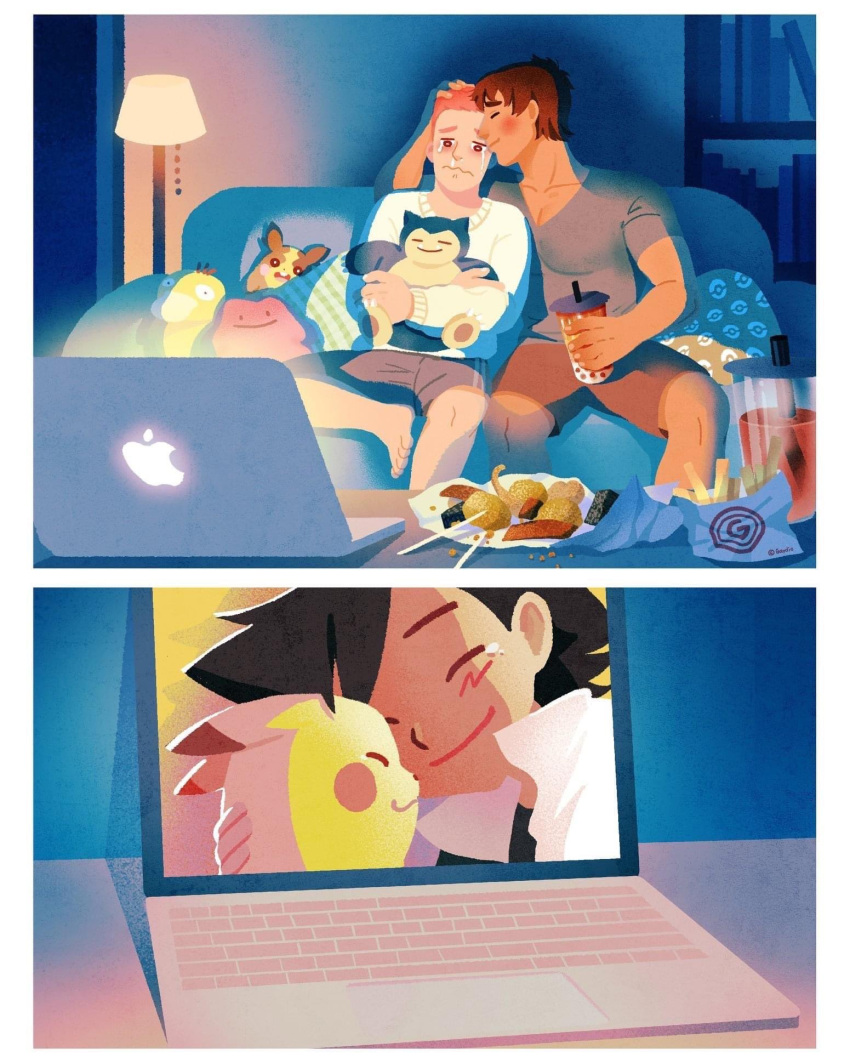 2boys ash_ketchum barefoot black_hair black_shorts blush closed_eyes comforting computer couple crying crying_with_eyes_open cup disposable_cup drinking_straw food gaydio_zrong grey_shirt highres holding holding_cup holding_stuffed_toy laptop male_focus multiple_boys object_hug original pikachu pink_hair pokemon psyduck shirt short_hair shorts sitting snorlax streaming_tears stuffed_animal stuffed_toy tears white_shirt yaoi