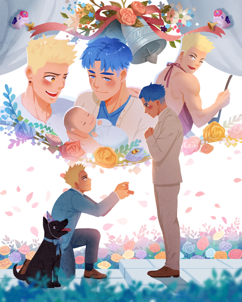 2boys absurdres animal apron baby bell black_pants blonde_hair blue_hair blue_jacket blush closed_mouth couple dog falling_petals flower formal gaydio_zrong gin_(gaydio_zrong) hat highres holding holding_baby husband_and_husband jacket jiu_(gaydio_zrong) male_focus multiple_boys muscular muscular_male one_eye_closed open_mouth original pants petals proposal ring_box rose short_hair smile suit undercut wedding white_jacket white_pants white_suit yaoi