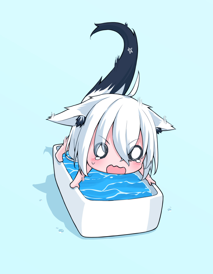 1girl absurdres ahoge all_fours animal_ear_fluff animal_ears bangs bath blue_background blush braid chibi commentary_request ears_down fox_ears fox_girl fox_tail hair_between_eyes highres hololive ikamoworkshop long_hair looking_at_viewer o_o open_mouth pentagram shirakami_fubuki sidelocks simple_background single_braid solo tail tearing_up v-shaped_eyebrows virtual_youtuber white_hair