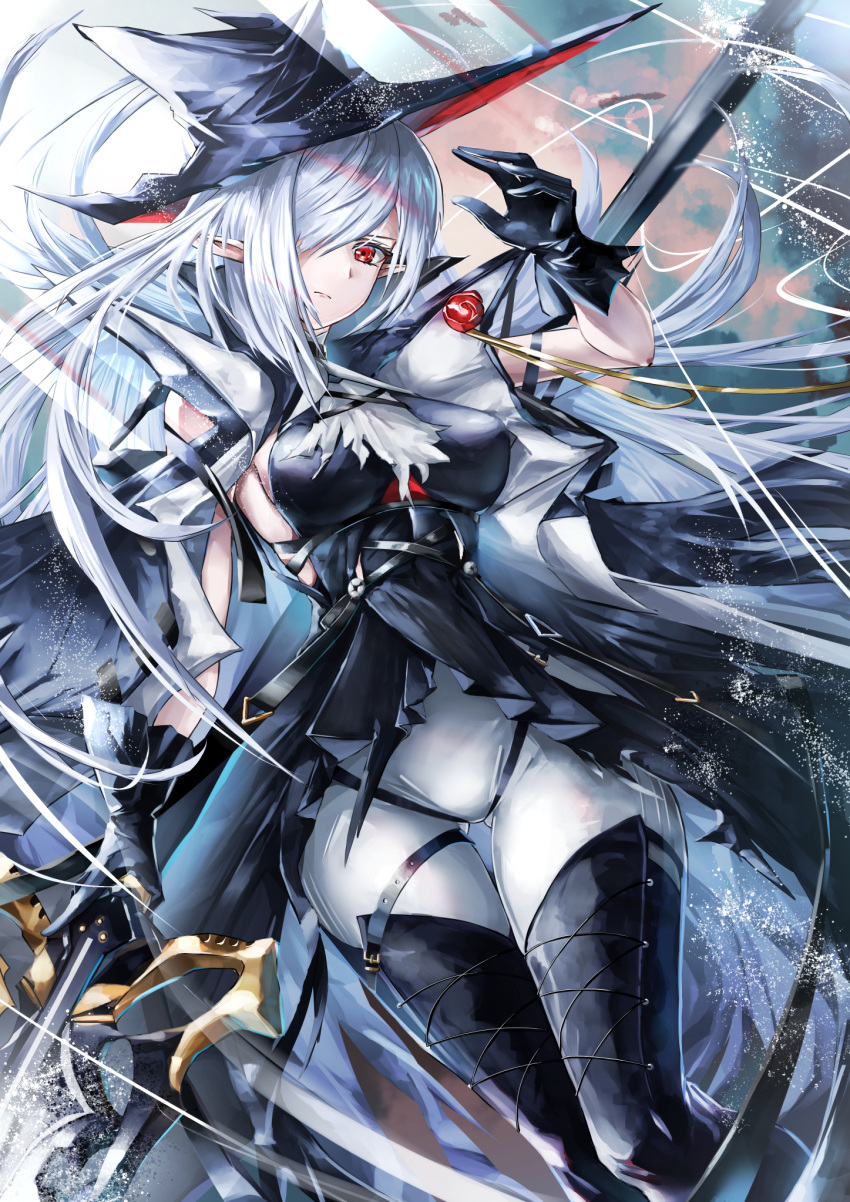 1girl arknights ascot bangs black_gloves black_headwear black_thighhighs breasts cape commentary gladiia_(arknights) gloves grey_hair hair_over_one_eye hand_up hat high_collar highres holding holding_polearm holding_weapon long_hair looking_at_viewer on_(yattemasu) one_eye_covered pointy_ears polearm red_eyes solo thighhighs very_long_hair weapon white_ascot