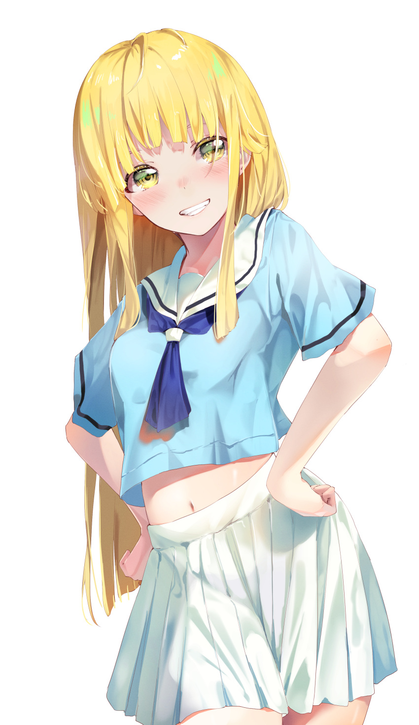 1girl absurdres bang_dream! blonde_hair blush grin hanasakigawa_school_uniform hands_on_hips highres long_hair looking_at_viewer midriff midriff_peek miniskirt navel pleated_skirt school_uniform skirt smile solo tsurumaki_kokoro upper_body white_background yellow_eyes yuunamida_uyu