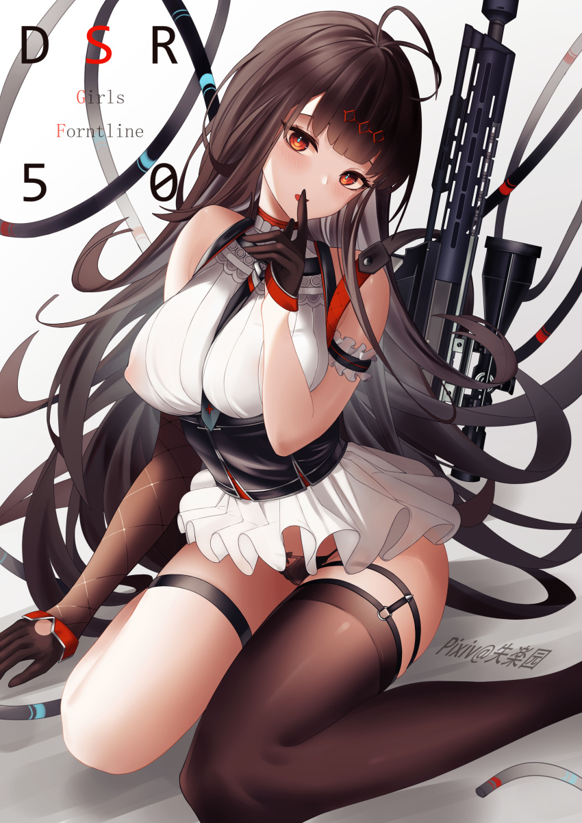 1girl absurdres anti-materiel_rifle bangs between_breasts black_corset black_necktie black_panties blush breasts brown_gloves brown_hair brown_thighhighs character_name copyright_name corset dress dsr-50_(girls'_frontline) dsr-50_(weapon) finger_to_mouth foot_out_of_frame girls'_frontline gloves gun hand_on_floor highres large_breasts legs long_hair looking_at_viewer necktie necktie_between_breasts on_floor open_mouth orange_eyes panties pixiv_username rifle shitsurakuen_(paradise_lost) short_dress shushing simple_background single_thighhigh sniper_rifle solo thighhighs thighs underwear weapon white_dress