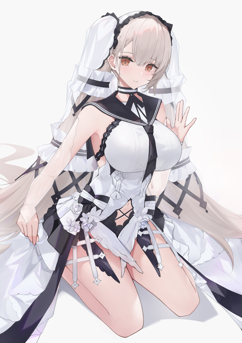 1girl absurdly_long_hair absurdres azur_lane black_choker black_neckerchief black_sailor_collar breasts brown_eyes choker clothing_cutout dress dress_flower feather_dress formidable_(azur_lane) formidable_(timeless_classics)_(azur_lane) full_body grey_hair hair_ornament highres huge_breasts long_hair looking_at_viewer navel_cutout neckerchief official_alternate_costume sailor_collar seiza shian-chu simple_background sitting sleeveless sleeveless_dress solo twintails two-tone_dress two-tone_ribbon veil very_long_hair white_background white_dress