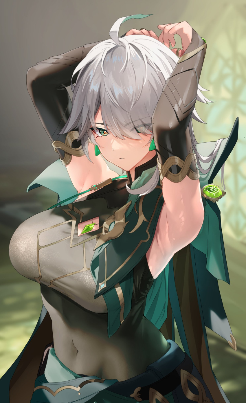 1girl absurdres ahoge alhaitham_(genshin_impact) armpits arms_behind_head bangs bodysuit breasts bridal_gauntlets cape cleavage_cutout closed_mouth clothing_cutout covered_navel gem genderswap genshin_impact green_eyes green_gemstone green_hair grey_hair hair_over_one_eye highres hominamia large_breasts looking_at_viewer multicolored_hair shirt short_hair shoulder_cape sleeveless sleeveless_shirt solo white_hair