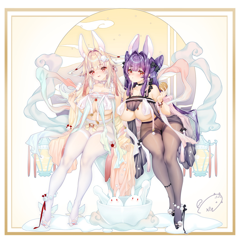 2girls animal_ears bangs black_pantyhose blonde_hair breasts high_heels highres large_breasts looking_at_viewer moon_rabbit multiple_girls obiwan original pantyhose purple_hair rabbit_ears rabbit_girl red_eyes revealing_clothes thick_thighs thighs underboob weisuoxin white_pantyhose