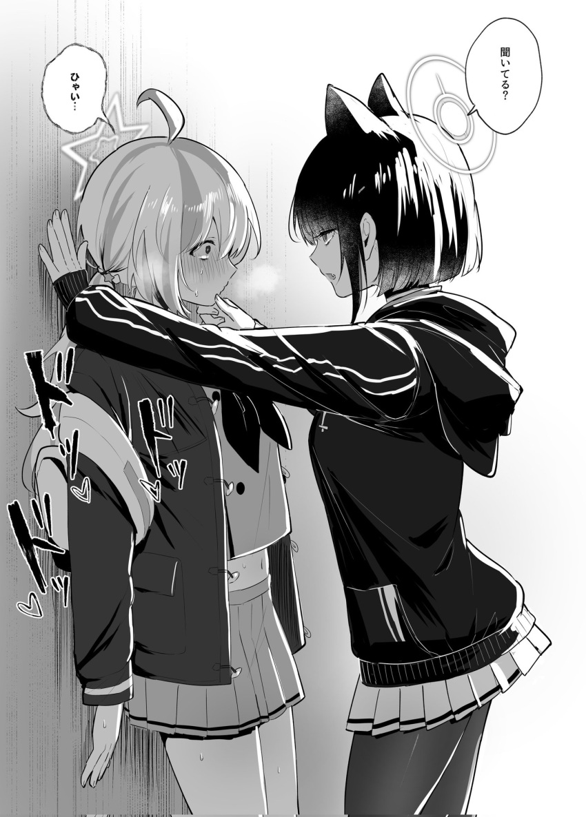 2girls against_wall ahoge animal_ears backpack bag bangs blue_archive breath cat_ears crop_top extra_ears eye_contact greyscale halo hand_on_another's_chin highres hood hooded_jacket jacket kabedon kazusa_(blue_archive) long_sleeves looking_at_another midriff miniskirt monochrome mottirimuttiri multiple_girls navel neckerchief open_mouth pantyhose pleated_skirt reisa_(blue_archive) shirt short_hair skirt sound_effects speech_bubble standing sweat sweating_profusely tears translation_request yuri