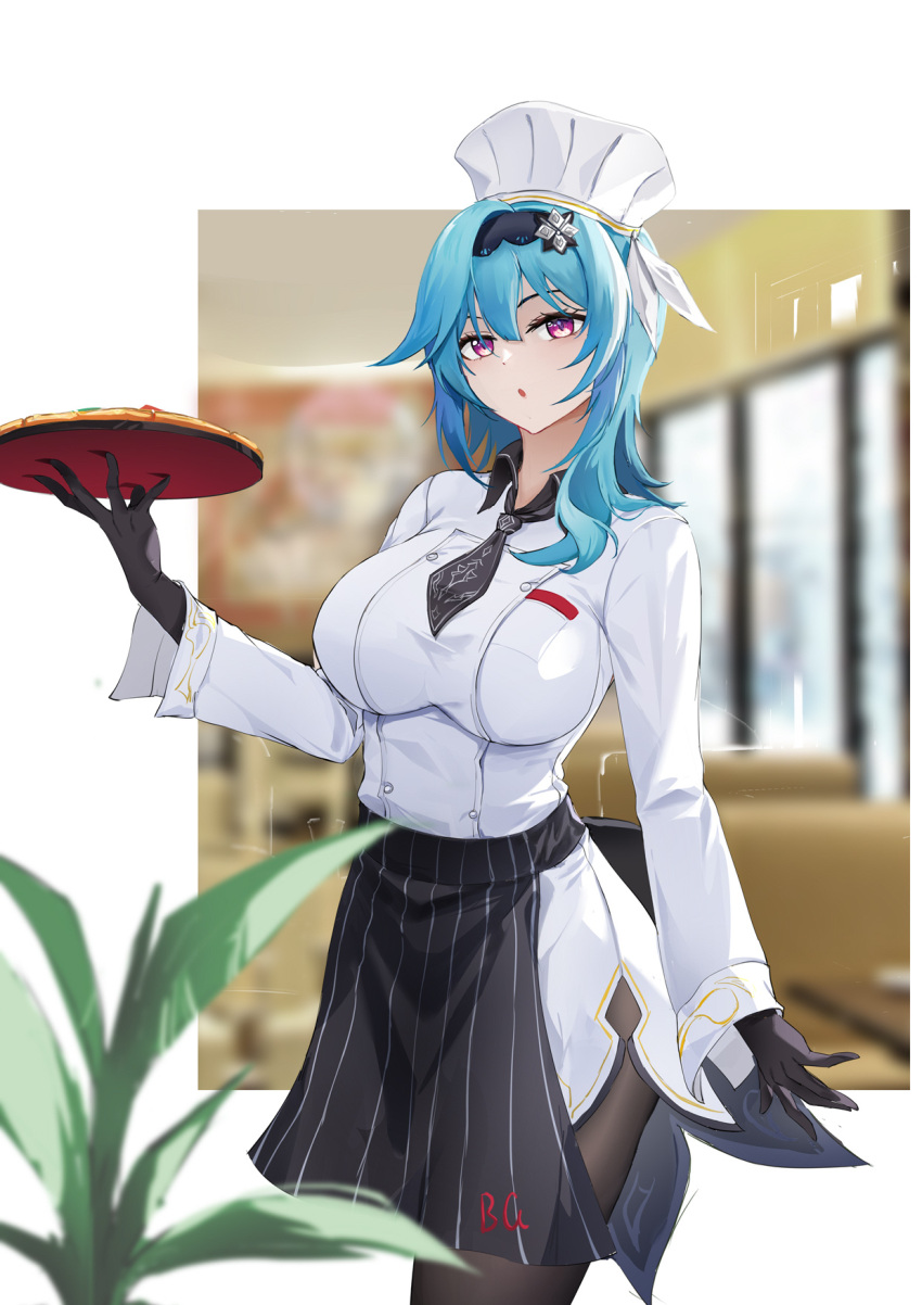 1girl apron baige0 black_apron black_gloves black_hairband black_necktie black_pantyhose blue_hair blurry blurry_background breasts chef_hat chef_uniform eula_(genshin_impact) food genshin_impact gloves hairband hat highres holding holding_plate large_breasts long_sleeves looking_at_viewer medium_hair necktie pantyhose pizza plate revision solo standing striped striped_apron waist_apron white_headwear