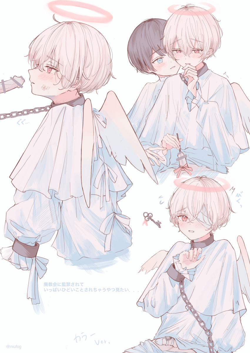 2boys absurdres angel angel_wings bar_censor black_hair blue_eyes blush censored chain chastity_belt collar cuffs halo handcuffs highres key leash long_sleeves looking_at_viewer male_focus multiple_boys niufog original penis pink_eyes pink_hair shirt short_hair white_background white_shirt wings yaoi