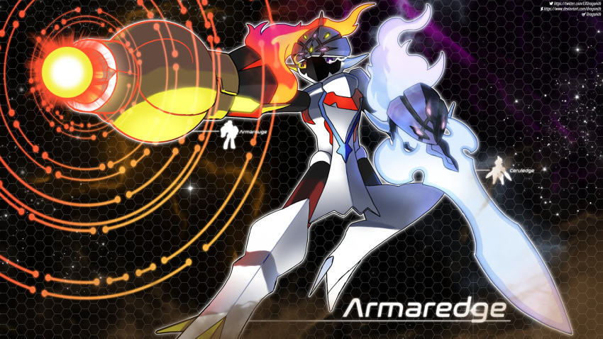 arm_blade arm_cannon armarouge ceruledge deviantart_username digimon dragonith english_commentary fakemon fighting_stance fire fusion highres omegamon parody pokemon sword twitter_username weapon