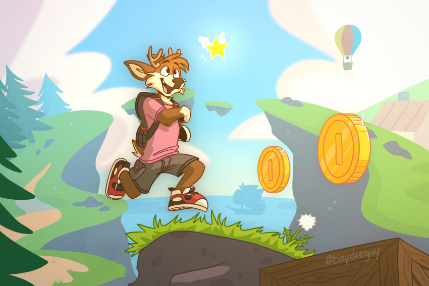 aircraft anthro antlers backpack balloon blue_sky bottomwear box brown_body brown_fur brown_nose cargo_shorts cervid clothed clothing cloud coin container darwin_(tinydeerguy) evergreen_tree footwear forest fully_clothed fur grey_bottomwear grey_clothing grey_shorts hi_res horn hot_air_balloon inflatable male mammal open_mouth outside pine_tree pink_clothing pink_shirt pink_t-shirt pink_topwear plant platformer red_clothing red_footwear red_shoes sea ship shirt shoes shorts sky smile sneakers solo star t-shirt tan_body tan_fur teeth_showing tinydeerguy tongue_showing topwear tree vehicle video_games water watercraft