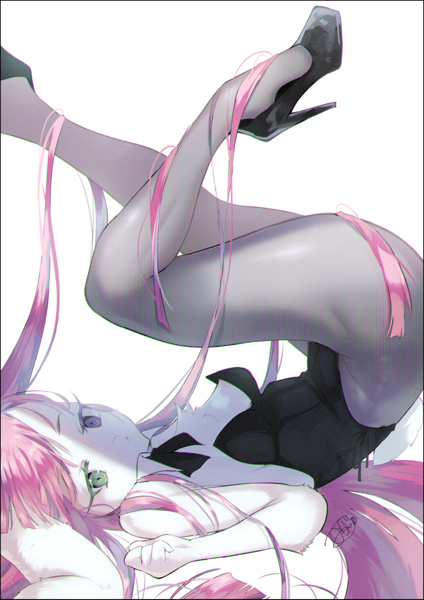 4_fingers anthro ass_up black_clothing black_heels breasts bunny_costume clenched_hands clothed clothing costume feet female fingers fur green_eyes hair hi_res lagomorph legs_up legwear leporid long_ears long_hair looking_at_viewer lying lying_on_ground mammal multicolored_eyes ni_hao_nyannyan on_back pink_hair pose purple_eyes rabbit rabbit_ears raised_heel simple_background solo two_tone_eyes watermark white_body white_fur