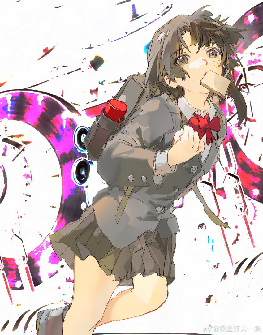 1girl abstract_background absurdres backpack bag bangs bow bowtie brown_eyes brown_footwear brown_hair brown_skirt buttons cloudyooooo collared_shirt eyes_visible_through_hair feet_out_of_frame food food_in_mouth grey_jacket hair_ornament hand_on_own_chest hand_up highres iwakura_lain jacket long_sleeves looking_at_viewer mouth_hold parted_bangs red_bow red_bowtie running school_uniform serial_experiments_lain shirt shoes short_hair sketch skirt solo toast toast_in_mouth weibo_logo weibo_username white_background white_shirt x_hair_ornament