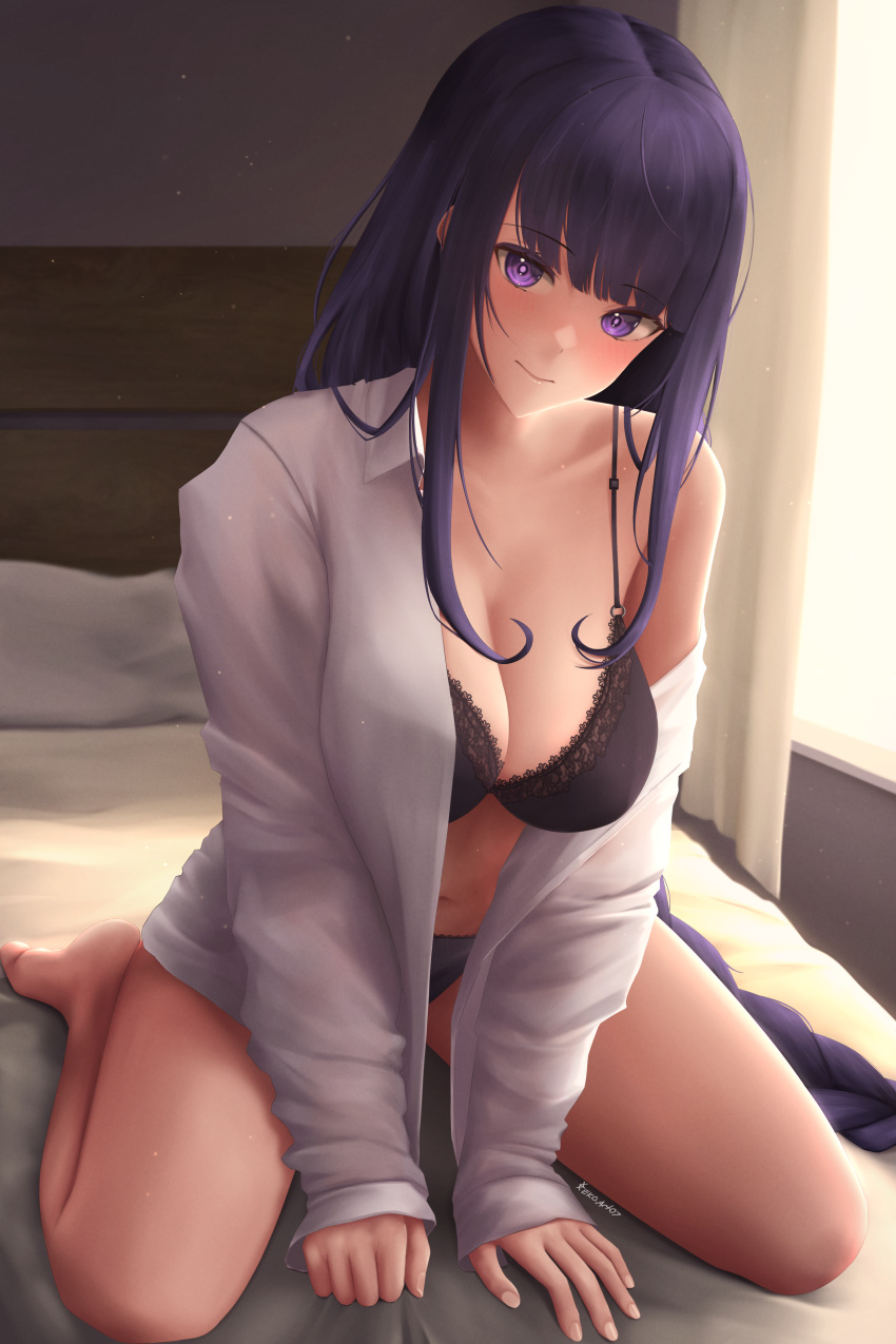 1girl absurdres alternate_costume bangs barefoot black_bra bra braid braided_ponytail breasts closed_mouth collared_shirt dress_shirt eko.art genshin_impact highres indoors large_breasts long_hair long_sleeves looking_at_viewer mole mole_under_eye naked_shirt off_shoulder open_clothes open_shirt purple_eyes purple_hair raiden_shogun shirt sitting smile solo thighs underwear very_long_hair wariza white_shirt