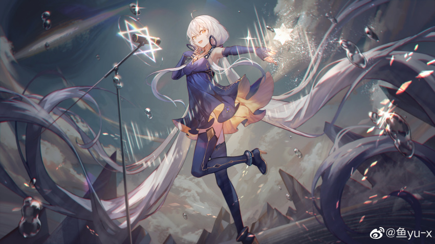 1girl :d absurdres ahoge blue_dress blue_gloves blue_thighhighs cloud cloudy_sky dark_clouds dress dutch_angle elbow_gloves fingerless_gloves floating_hair foot_out_of_frame gloves halter_dress halterneck hand_on_own_chest hexagram high_heels highres long_hair looking_at_viewer microphone microphone_stand mountain outstretched_arm purple_hair quad_tails short_dress sky smile solo standing standing_on_one_leg stellated_octahedron thighhighs very_long_hair vocaloid water_drop weibo_logo weibo_username xingchen yellow_eyes yu-x