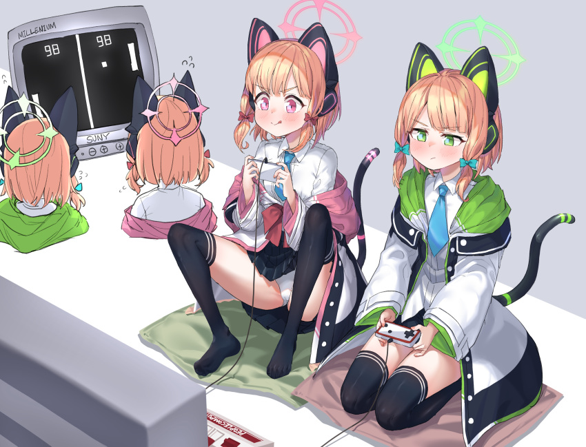 2girls :q animal_ear_headphones animal_ears black_skirt black_thighhighs blonde_hair blue_archive blue_necktie blush bow brand_name_imitation cat_ears cat_tail coat controller dorymin fake_animal_ears fake_tail famicom flying_sweatdrops game_console game_controller green_eyes grey_background hair_bow halo headphones highres knees_up midori_(blue_archive) momoi_(blue_archive) multiple_girls necktie no_shoes off_shoulder panties pantyshot pillow pink_eyes playing_games pong ribbon shirt short_hair siblings simple_background sisters sitting skirt smile spread_legs tail television thighhighs thighs tongue tongue_out twins underwear upskirt white_coat white_panties white_shirt