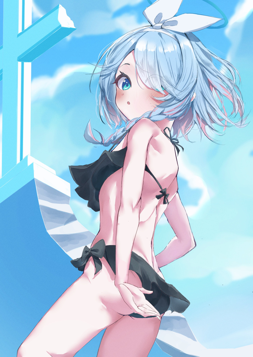 1girl :o absurdres arm_at_side arona_(blue_archive) ass bikini black_bikini blue_archive blue_eyes blue_hair blush bow_hairband braid breasts cloud colored_inner_hair feet_out_of_frame frilled_bikini frills hair_over_one_eye hairband halo highres looking_at_viewer looking_back medium_hair moruhinesan multicolored_hair single_braid small_breasts solo swimsuit