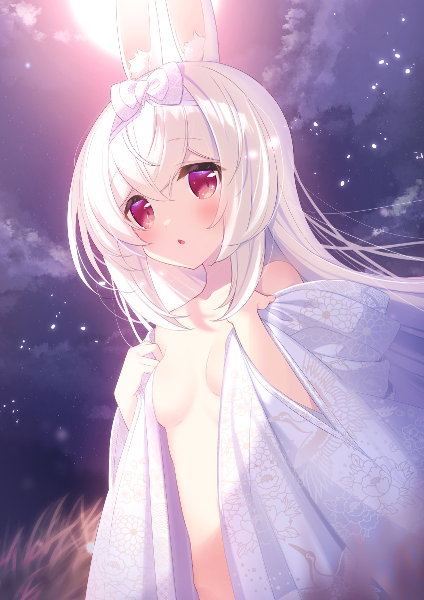 1girl absurdres animal_ear_fluff animal_ears bangs bare_shoulders blush bow cloud collarbone commentary cynthia_riddle flower full_moon hair_between_eyes hair_bow hands_up highres japanese_clothes kimono long_hair long_sleeves looking_at_viewer mofu-mofu_after_school mofumofu_channel moon moonlight naked_kimono night night_sky off_shoulder open_clothes open_kimono outdoors p19 parted_lips print_kimono rabbit_ears red_eyes sky solo symbol-only_commentary very_long_hair white_bow white_hair wide_sleeves