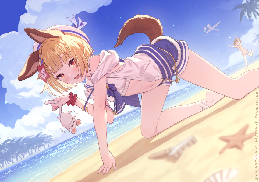 2girls all_fours animal_ears bangs beach beret bikini blonde_hair blue_sky blush braid breasts day dog_ears dog_tail erune flower granblue_fantasy hair_flower hair_ornament hat hibiscus highres jacket looking_at_viewer mouse multiple_girls navel open_mouth outdoors palm_tree red_eyes red_flower short_hair sky small_breasts smile swimsuit tail tree vajra_(granblue_fantasy) vikala_(granblue_fantasy) water white_bikini white_headwear white_jacket yellowpaint.