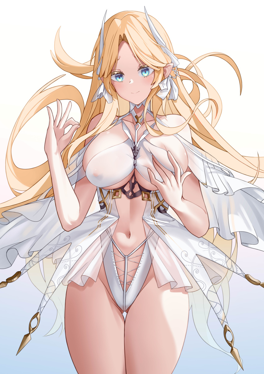 1girl absurdres arm_up azur_lane bangs bare_shoulders blonde_hair blue_eyes breasts brest_(azur_lane) closed_mouth collarbone covered_nipples dress feet_out_of_frame hair_ribbon hand_on_breasts highres large_breasts light_blush long_hair looking_at_viewer navel ok_sign pointy_ears ribbon shitsurakuen_(paradise_lost) smile solo standing stomach white_background white_dress