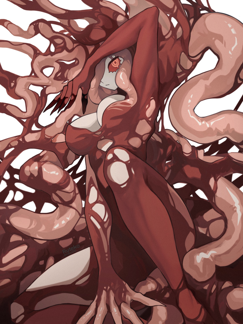 1girl arm_up breasts claws cleavage colored_sclera colored_skin highres long_hair looking_at_viewer monster_girl original pink_eyes red_pupils red_sclera ruteko_(ruko220) solo tentacle_hair tentacles white_background white_skin