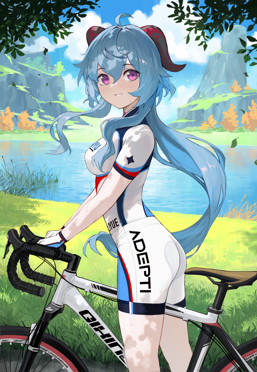 1girl absurdres ahoge alternate_costume ass bangs bicycle bike_jersey bike_shorts blue_hair blue_sky blush bodysuit breasts bush cloud cycling_uniform day field ganyu_(genshin_impact) genshin_impact grass ground_vehicle highres horns lake long_hair looking_at_viewer medium_breasts mountain nature outdoors purple_eyes river sky smile solo sweat tree vertigris