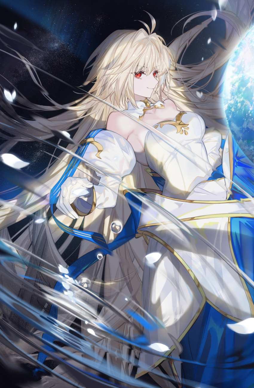 1girl ahoge archetype_earth arcueid_brunestud arlizi blonde_hair detached_collar detached_sleeves dress earth_(planet) gloves highres long_hair planet red_eyes sky smile star_(sky) starry_sky strapless strapless_dress tsukihime water_drop white_dress white_gloves