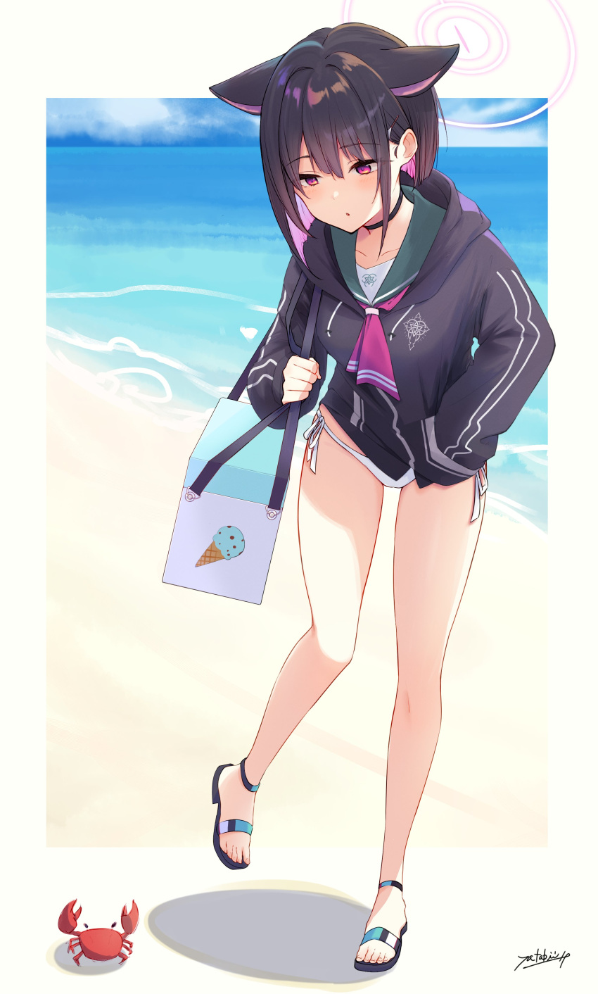 1girl absurdres animal_ears bag bangs bare_legs beach bikini bikini_bottom_only black_choker black_hair black_jacket blue_archive blush border cat_ears choker colored_inner_hair cooler crab day drawstring extra_ears full_body halo hand_in_pocket highres hood hooded_jacket jacket kazusa_(blue_archive) long_sleeves looking_down multicolored_hair neckerchief no_pants ocean outdoors pink_hair pink_neckerchief red_eyes sandals short_hair shoulder_bag side-tie_bikini_bottom sidelocks signature solo standing standing_on_one_leg string_bikini swimsuit toes white_bikini white_border yata_mawari