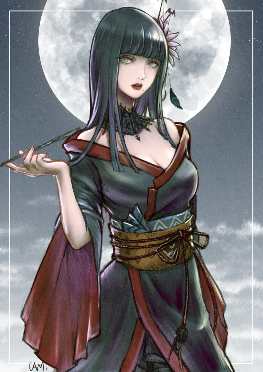 1girl bangs black_hair black_kimono blunt_bangs blunt_ends breasts cam_(cammero95713700) cleavage epiphyllum final_fantasy final_fantasy_xiv full_moon green_eyes highres holding holding_smoking_pipe hyur japanese_clothes kimono kiseru lace_collar large_breasts long_hair looking_at_viewer mole mole_under_mouth moon off_shoulder sash smoking_pipe solo straight_hair yellow_sash yotsuyu_goe_brutus yuujo