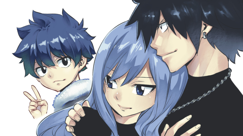 1girl 2boys black_hair black_shirt blue_eyes blue_hair chain_necklace closed_mouth cropped_torso earrings fairy_tail family father_and_son gray_fullbuster greige_(fairy_tail) hand_on_another's_shoulder highres hug jewelry juvia_lockser mashima_hiro mother_and_son multiple_boys necklace official_art shirt simple_background single_earring v white_background