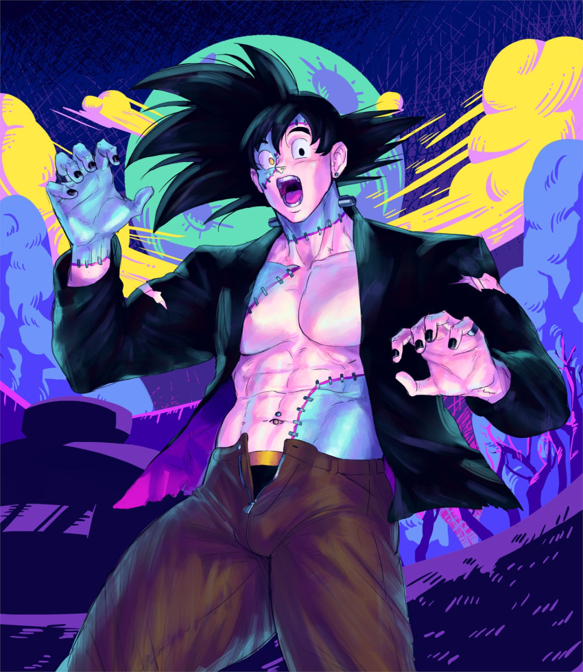 1boy abs bara bare_pectorals black_hair black_jacket black_nails black_pants carless_(ppanic) colored_skin cosplay dragon_ball dragon_ball_z frankenstein's_monster frankenstein's_monster_(cosplay) grey_skin halloween_costume highres jacket large_pectorals looking_at_another male_focus male_underwear male_underwear_peek muscular muscular_male navel open_clothes open_jacket open_mouth open_pants pants pectorals short_hair solo son_goku spiked_hair stitches underwear