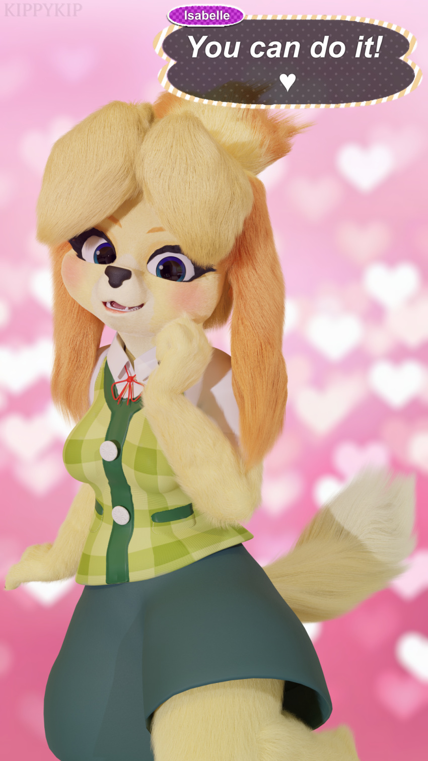 3d_(artwork) 9:16 alpha_channel animal_crossing anthro black_eyelashes blender_(software) blender_cycles blonde_eyebrows blonde_hair blue_eyes bottomwear canid canine canis clothed clothing digital_media_(artwork) domestic_dog english_text eyebrows eyelashes female fluffy fluffy_tail fur green_bottomwear green_clothing green_skirt green_uniform hair happy hi_res highwizard inspirational isabelle_(animal_crossing) kippykip looking_at_viewer mammal motivational_speech nintendo nude one_leg_up open_mouth open_smile phone_wallpaper pink_background ponytail raised_leg simple_background skirt smile smiling_at_viewer solo speech_bubble tail_through_skirt text transparent_background video_games wallpaper watermark yellow_body yellow_fur