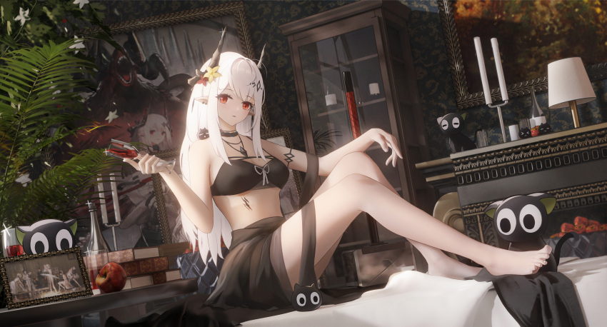 1girl absurdres apple arknights bikini black_bikini black_cat book candelabra cat cup demon_horns display_case drinking_glass flower food fruit full_body hair_flower hair_ornament highres horns indoors infection_monitor_(arknights) jewelry lamp ling_dianxia looking_at_viewer mudrock_(arknights) mudrock_(silent_night)_(arknights) necklace official_alternate_costume oripathy_lesion_(arknights) parted_lips picture_frame plant potted_plant red_eyes red_flower revision sitting solo stomach swimsuit white_hair wine_glass yellow_flower