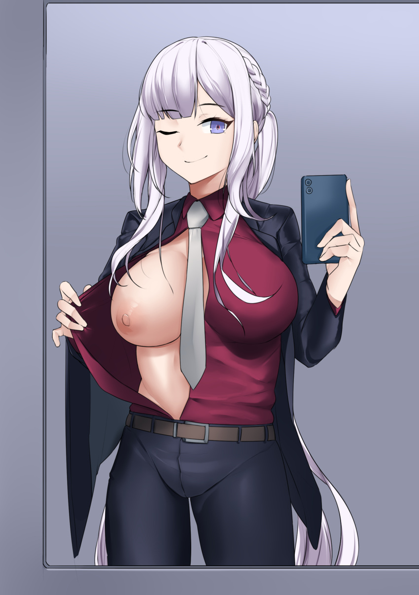 absurdres ak-12_(girls'_frontline) artificial_eye braid breasts business_suit cellphone cowboy_shot formal french_braid girls'_frontline highres holding holding_phone kaicchi large_breasts long_hair mechanical_eye necktie nipples no_bra one_breast_out one_eye_closed open_clothes open_shirt opened_by_self phone ponytail purple_eyes selfie smartphone suit white_hair