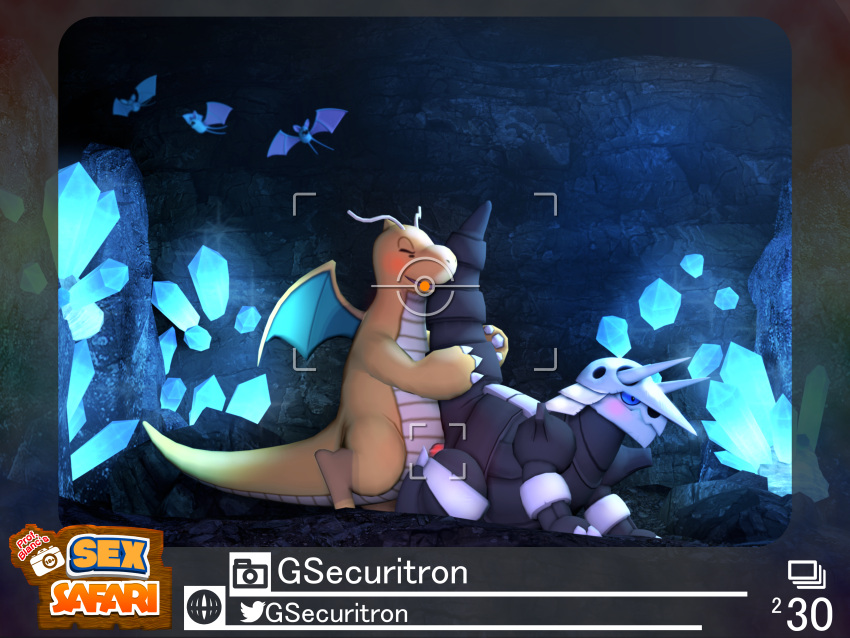 2022 3d_(artwork) absurd_res aggron all_fours ambiguous_gender ambiguous_penetration blue_eyes cave cavern chiropteran claws crystal digital_media_(artwork) doggystyle dragon dragonite duo english_text eyes_closed feral from_behind_position gem generation_1_pokemon generation_3_pokemon glitched_securitron group hi_res horn interspecies leg_grab logo male male/ambiguous mammal new_pokemon_snap nintendo on_ground penetration photo picture_frame pokemon pokemon_(species) raised_tail sex standing text video_games wings zubat