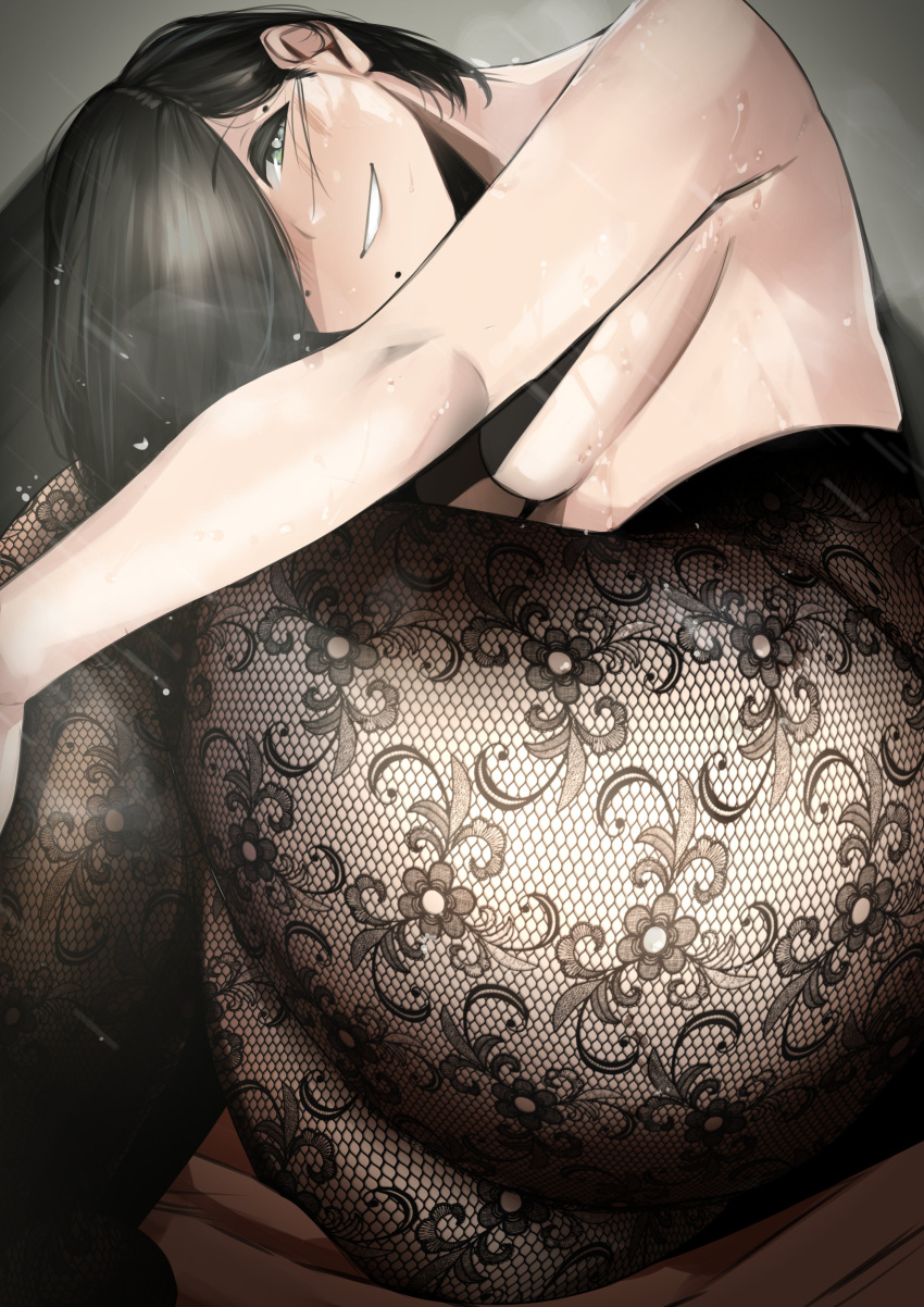 1girl absurdres ass black_hair breasts fetal_position floral_print green_eyes hair_behind_ear highres lying medium_breasts mole mole_above_eye mole_on_cheek mole_under_mouth on_side original pantyhose pupi_(rain_prophet) smile sweat thighs topless