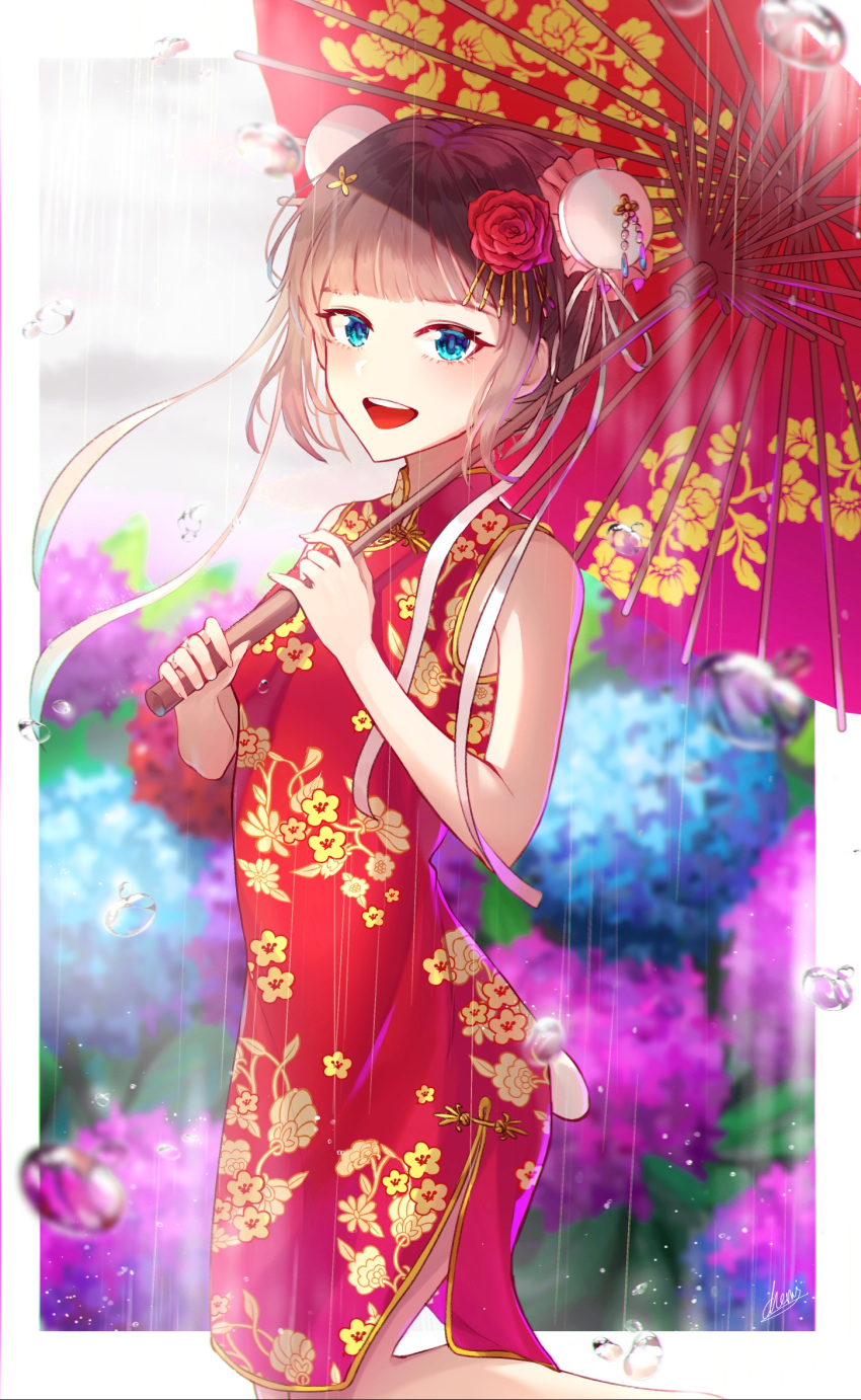 1girl :d animal_crossing bangs blue_eyes blunt_bangs blurry blurry_background breasts brown_hair bun_cover butterfly_hair_ornament cherry59599 china_dress chinese_clothes double_bun dress floral_print flower hair_bun hair_flower hair_ornament highres hydrangea oil-paper_umbrella pekoe_(animal_crossing) personification rain short_hair small_breasts smile standing umbrella