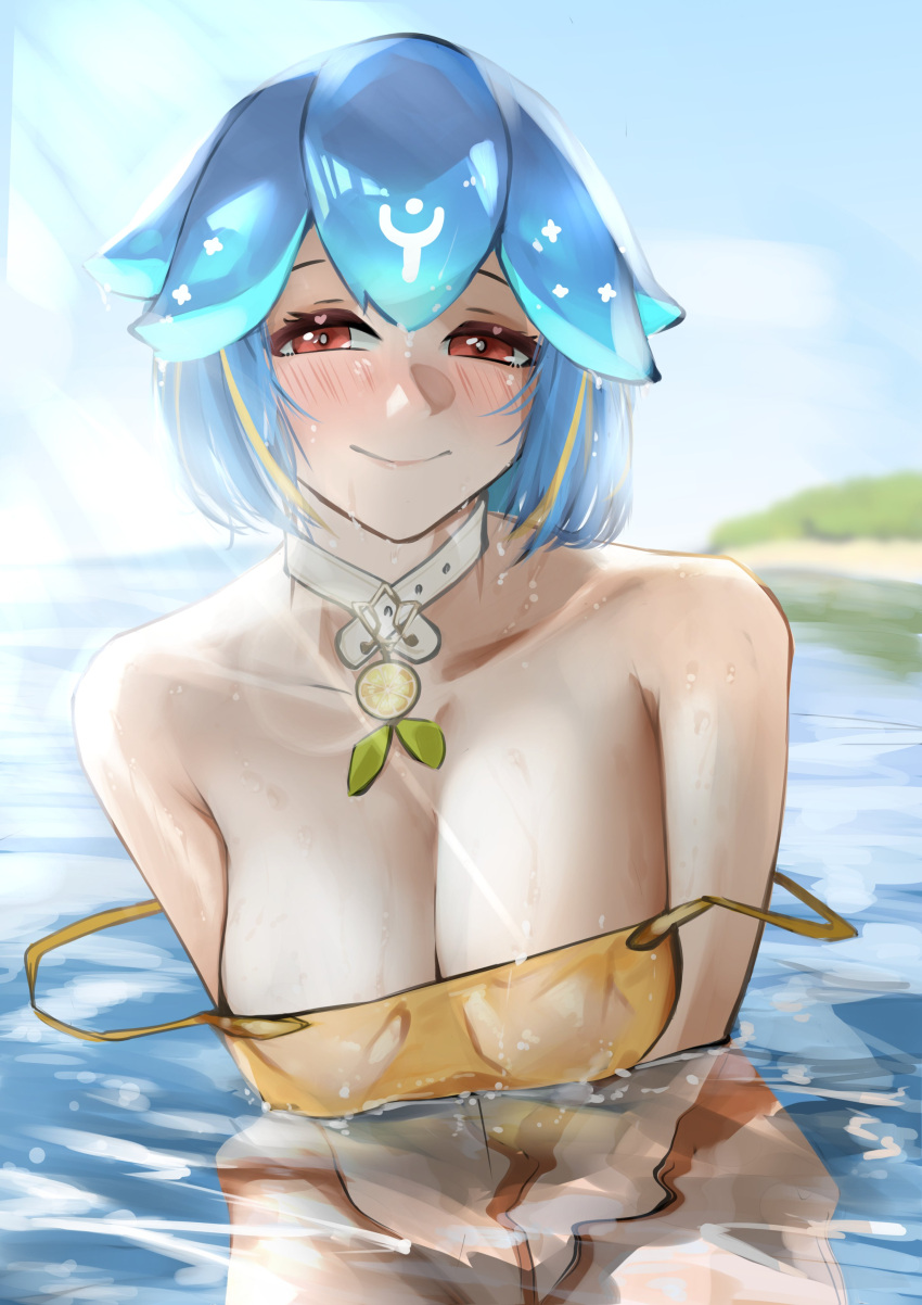 1girl absurdres bao_(vtuber) bare_shoulders blue_hair blue_sky blush breasts collar food fruit heart highres in_water indie_virtual_youtuber island large_breasts lemon lemon_slice ocean pupi_(rain_prophet) red_eyes sky smile sunlight virtual_youtuber