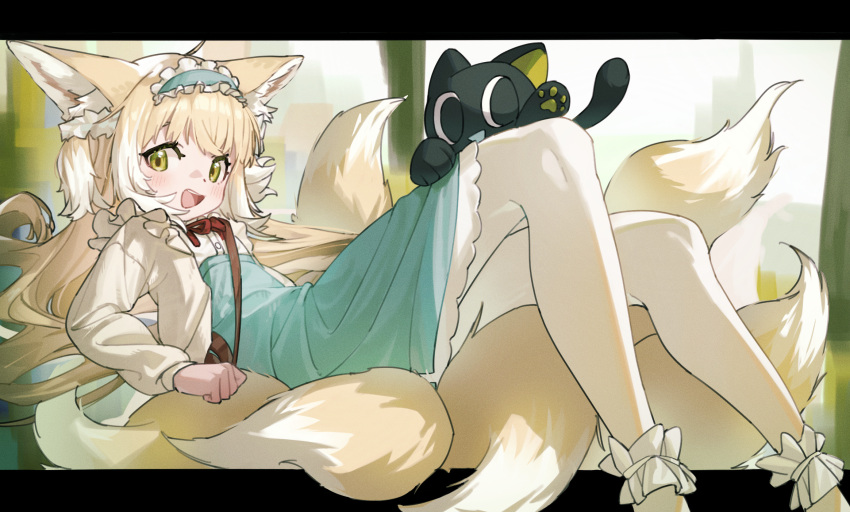 1girl :d alternate_costume alternate_hairstyle animal_ears ankle_cuffs arknights black_cat blonde_hair blue_dress blue_hairband blush cat dress feet_up fox_ears fox_girl fox_tail frilled_dress frilled_hairband frills green_eyes hair_down hairband highres kitsune letterboxed long_hair looking_at_viewer lying mosou_keito multicolored_hair multiple_tails neck_ribbon on_back open_mouth outside_border pantyhose red_ribbon ribbon smile streaked_hair suzuran_(arknights) tail teeth two_side_up upper_teeth white_hair white_pantyhose