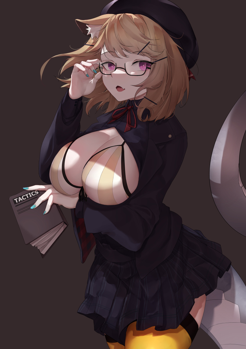 1girl :d absurdres animal_ear_fluff animal_ears arknights bikini bikini_under_clothes black_headwear black_jacket black_shirt black_skirt blue_nails book breasts brown_background brown_bikini brown_hair cleavage cowboy_shot fang fingernails fukuro_eito hat highres holding holding_book jacket large_breasts long_fingernails looking_at_viewer miniskirt nail_polish official_alternate_costume open_clothes open_jacket open_mouth open_shirt pleated_skirt purple_eyes shirt short_hair simple_background skin_fang skirt smile solo striped striped_bikini swimsuit tail thighhighs utage_(arknights) utage_(disguise)_(arknights) utage_(summer_flowers)_(arknights) vertical-striped_bikini vertical_stripes white_bikini yellow_thighhighs