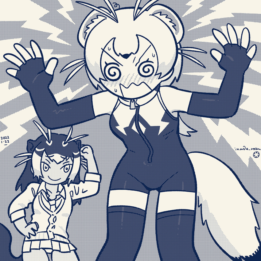 2girls @_@ animal_ears antenna_hair arm_up arms_up bangs bare_shoulders blush closed_mouth collared_shirt cosplay costume_switch dated elbow_gloves embarrassed extra_ears fingerless_gloves front_zipper_swimsuit furrowed_brow giant_otter_(kemono_friends) giant_otter_(kemono_friends)_(cosplay) gloves hand_on_hip highres inada_roku jacket kemono_friends long_hair looking_at_another looking_down meme_attire microskirt monochrome multicolored_hair multiple_girls necktie nose_blush one-piece_swimsuit open_mouth otter_ears otter_girl otter_tail panties shirt skirt smile spread_fingers stoat_(kemono_friends) stoat_(kemono_friends)_(cosplay) sweat swimsuit tail tan thighhighs two-tone_swimsuit underwear v-shaped_eyebrows weasel_ears weasel_girl weasel_tail wing_collar zipper zipper_pull_tab