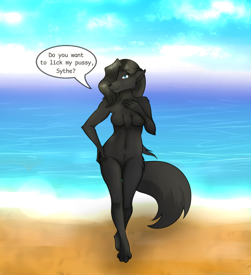 absurd_res anthro beach black_body black_fur black_hair black_tail blue_eyes canid canine canis cloud female fur genitals hair hi_res mammal maren_taverndatter monochrome_fur nude presenting pussy sand seaside skbld sky smile solo standing teasing text twokinds water wave webcomic webcomic_character wolf