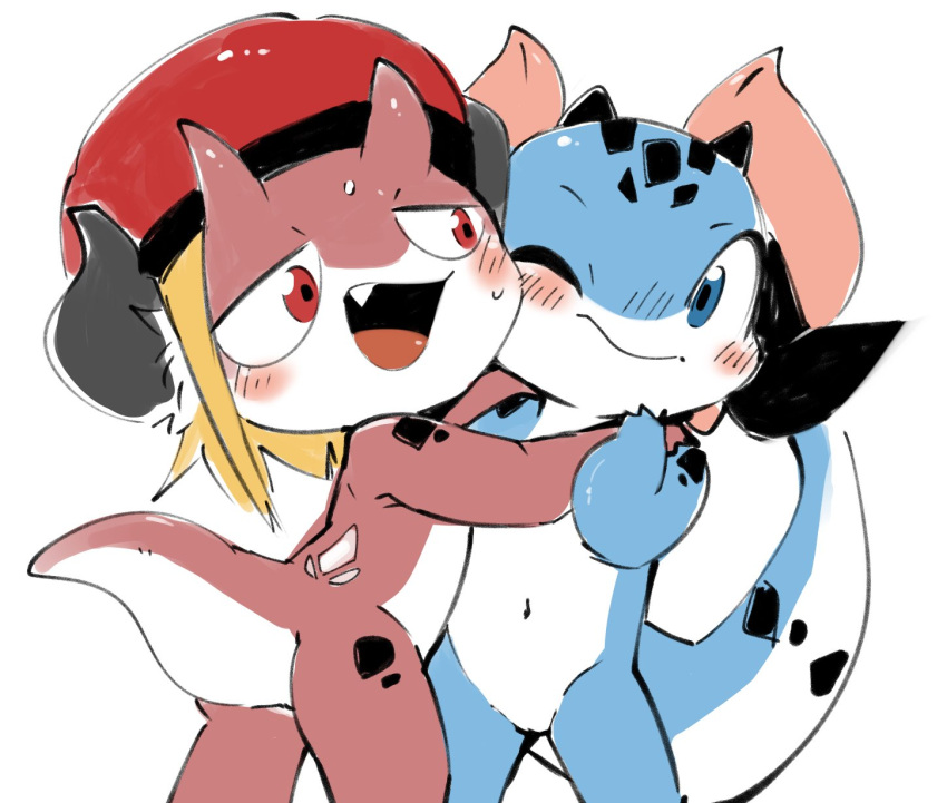 anthro beret blonde_hair blue_body blush bodily_fluids clothing countershading doneru dragon duo embrace fangs featureless_crotch gidoniko_(doneru) hair hat hat_only head_markings headgear headgear_only headwear headwear_only hi_res horn hug looking_at_another looking_at_partner markings mostly_nude navel neneruko_(doneru) one_eye_closed red_body scalie simple_background smile sweat white_background young