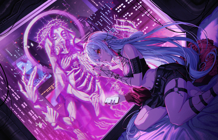 1girl 2girls black_nails braid breasts cellphone chain city cleavage crown_of_thorns cyberpunk detached_sleeves ear_ornament extra_arms hand_up heterochromia highres holding holding_phone kura1582 leg_wrap long_hair medium_breasts midriff multiple_girls neon_lights on_bed original phone pillow purple_eyes red_eyes short_shorts shorts sitting skeleton smartphone veil white_background yin_yang