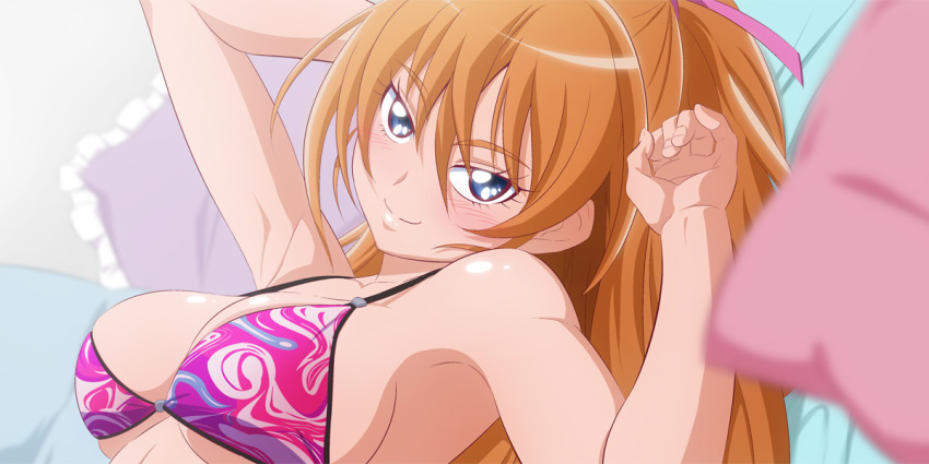 1girl bikini blue_eyes breasts brown_hair closed_mouth collarbone fuchi_(nightmare) houjou_hibiki large_breasts long_hair looking_at_viewer lying on_back precure purple_bikini smile solo suite_precure swimsuit two_side_up upper_body