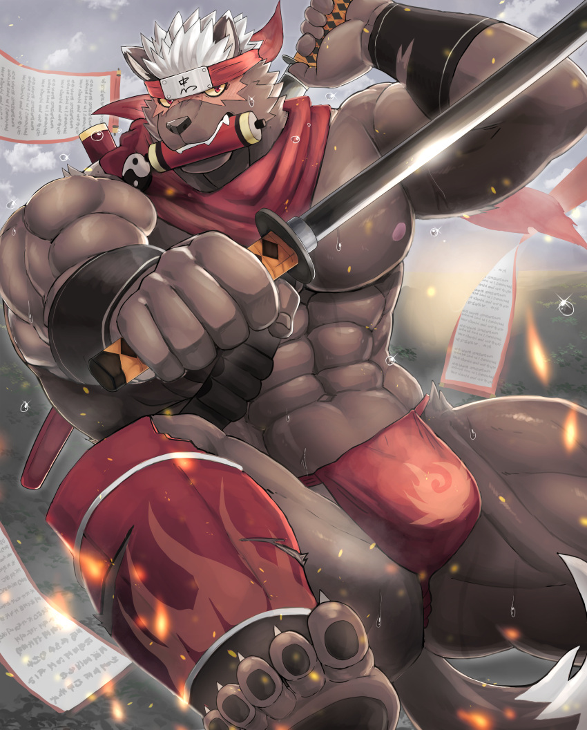 1boy abs absurdres ass_visible_through_thighs bara blurry blurry_background brown_fur bulge cloud cloudy_sky dawn fundoshi furry furry_female furry_male gauntlets headband highres holding holding_sword holding_weapon japanese_clothes katana large_pectorals leg_armor looking_at_viewer male_focus male_underwear manly mature_male miazuma_shouki muscular muscular_male navel ninja nipples outdoors pectorals scabbard scar scroll sheath sky solo spiked_hair sun sunlight sweat sweatdrop sword tadatomo_(housamo) thick_arms thick_thighs thighs tokyo_afterschool_summoners underwear weapon white_hair