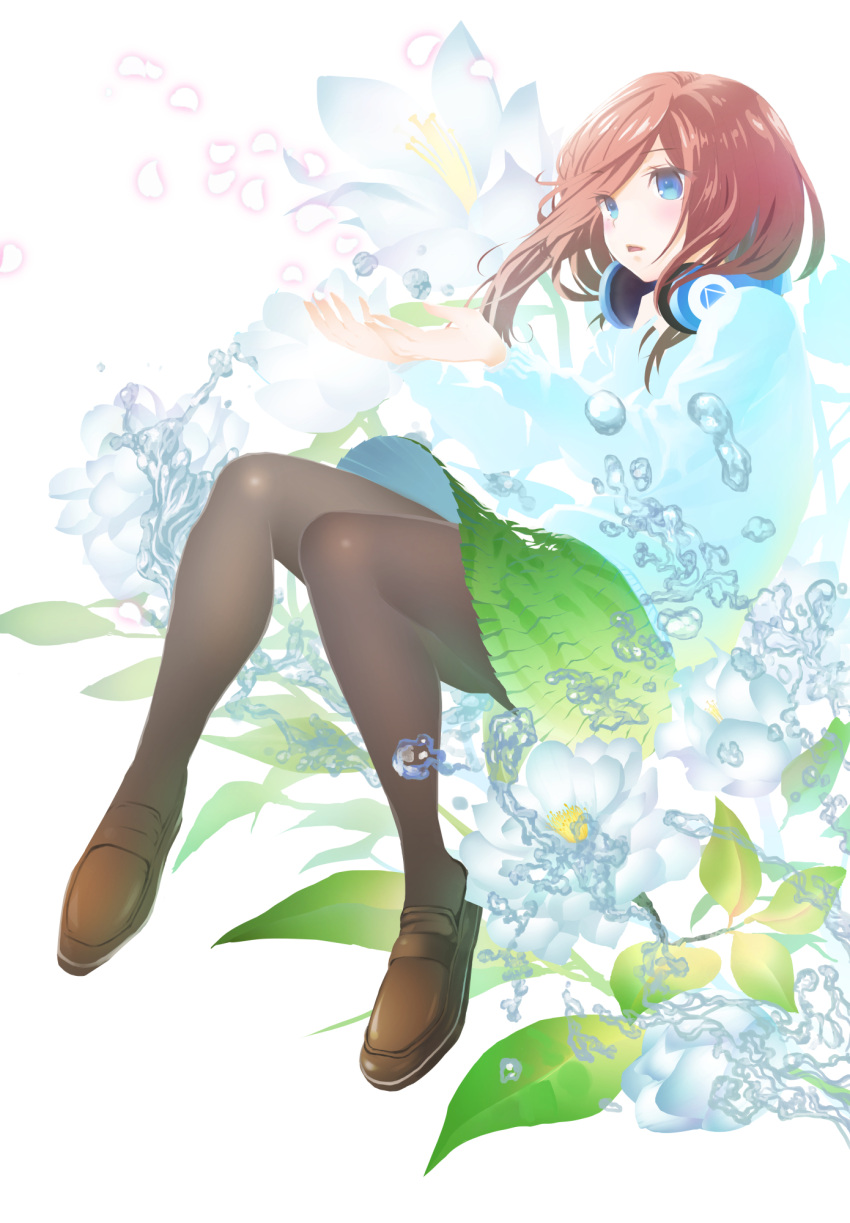 1girl black_pantyhose blue_sweater brown_footwear brown_hair floating_hair from_side full_body go-toubun_no_hanayome green_skirt headphones headphones_around_neck highres hirokiku loafers long_hair long_sleeves miniskirt nakano_miku pantyhose pleated_skirt shiny shiny_hair shoes skirt solo sweater white_background