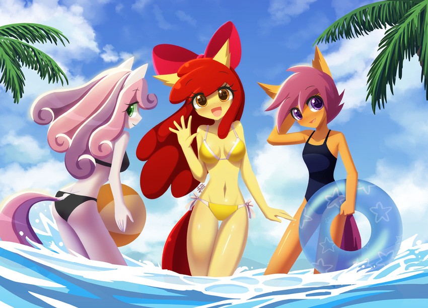 &lt;3 2022 accessory aged_up anthro apple_bloom_(mlp) ball beach_ball bikini bow_ribbon breasts butt clothing cutie_mark_crusaders_(mlp) equid equine eyebrow_through_hair eyebrows eyelashes female friendship_is_magic glistening glistening_breasts glistening_legs green_eyes group hair hair_accessory hair_bow hair_ribbon hasbro holding_object horse howxu inflatable inner_tube long_hair looking_at_viewer mammal multicolored_hair my_little_pony navel one-piece_swimsuit open_mouth open_smile orange_eyes outside pony purple_eyes purple_hair red_hair ribbons scootaloo_(mlp) short_hair side-tie_bikini smile sweetie_belle_(mlp) swimwear thigh_gap translucent translucent_hair trio two_tone_hair water