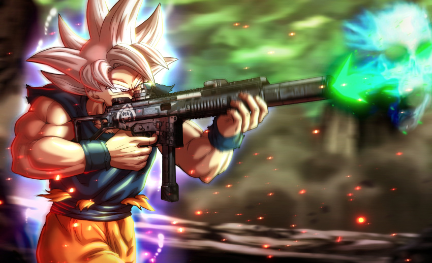 1boy absurdres aiming aura blurry blurry_background dougi dragon_ball dragon_ball_super firing fortnite grey_eyes grey_hair gun highres holding holding_gun holding_weapon male_focus muscular muscular_male one_eye_closed pea-bean short_hair solo son_goku spiked_hair torn_clothes ultra_instinct weapon