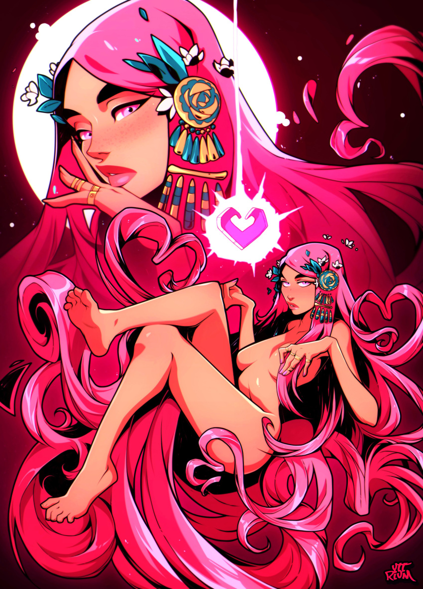 1girl absurdres aphrodite_(hades) bangs bare_shoulders blush breasts closed_mouth feet fingernails hades_(game) hair_censor hair_ornament heart highres iyttriumi jewelry laurel_crown legs lips long_hair looking_at_viewer nude parted_bangs pink_eyes pink_hair ring signature simple_background stomach very_long_hair